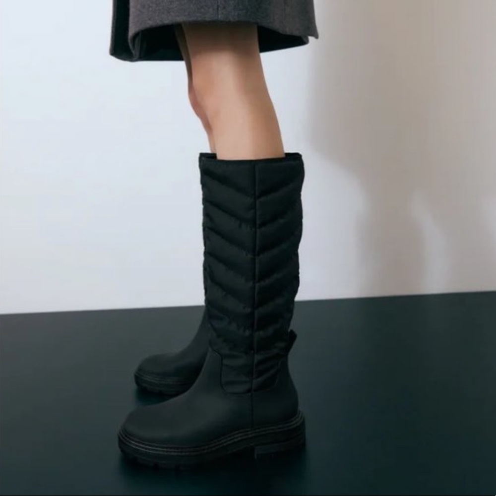 Zara Low Heel Tall Quilted Boots